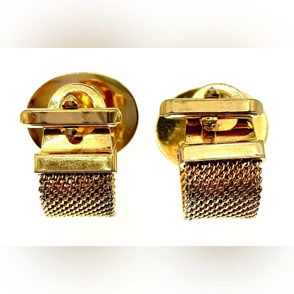 Vintage Gold Tone Mesh Wrap Around Cufflinks Red Cabochon Center